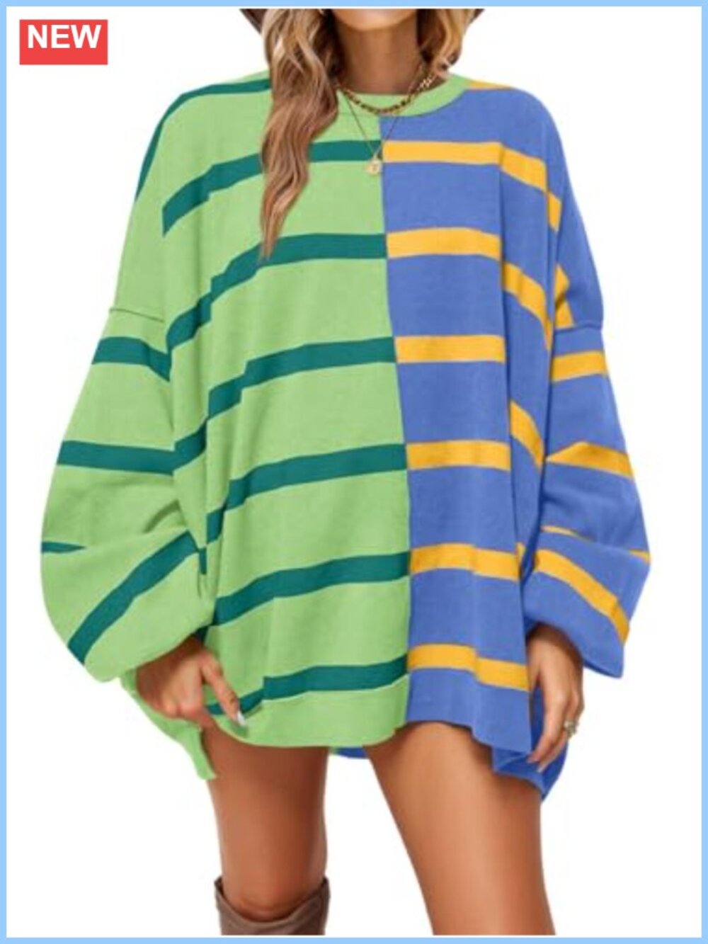 Womens Striped Crew Neck Pullover Sweater Long Sleeve Loose Knit Top